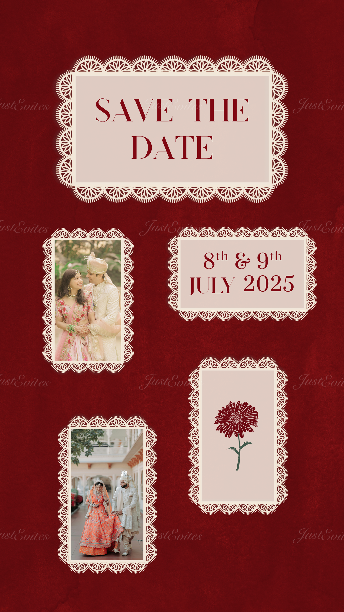 A premium digital save the date card featuring intricate traditional lace motifs on a royal lallpeeth background.