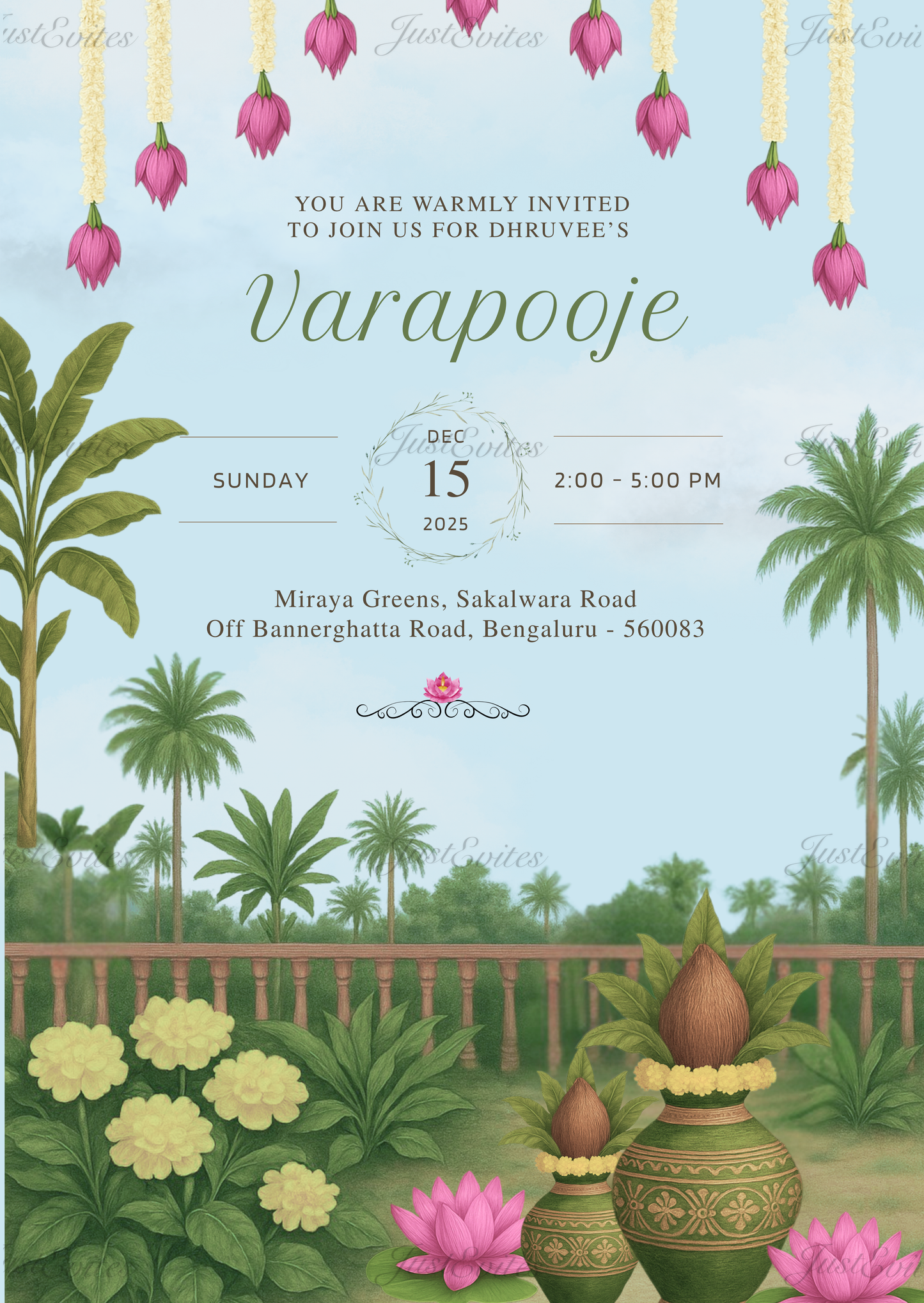 Traditional Varapooja digital invite featuring a golden Kalash, fresh banana leaves, and a scenic sky