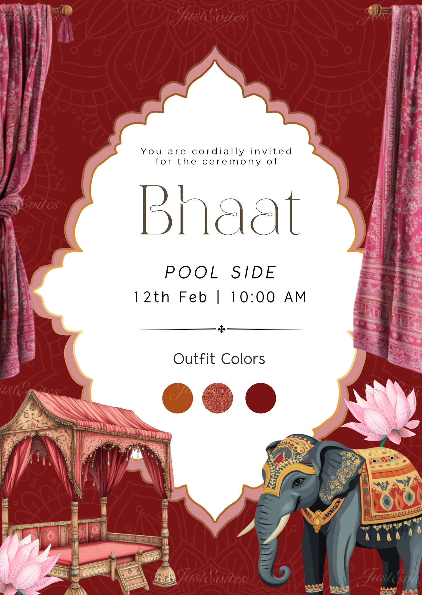 A premium red background digital invitation featuring a majestic elephant, traditional palki, and ornate curtains for Mayra ceremonies.