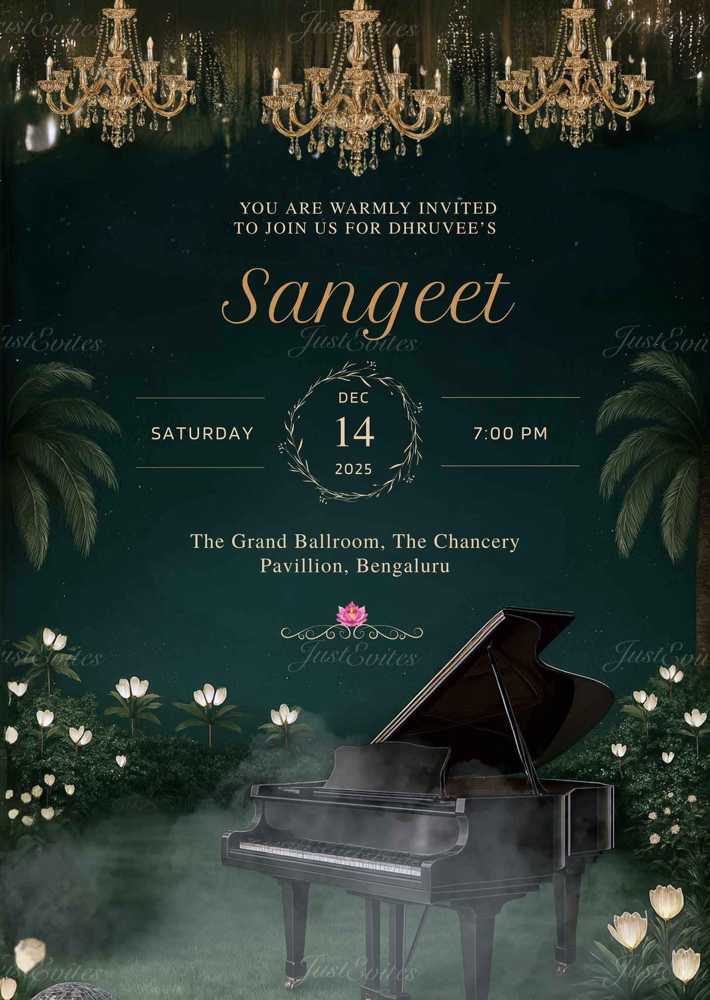 A modern, royal Sangeet invitation featuring a grand piano, crystal chandelier, and mist.