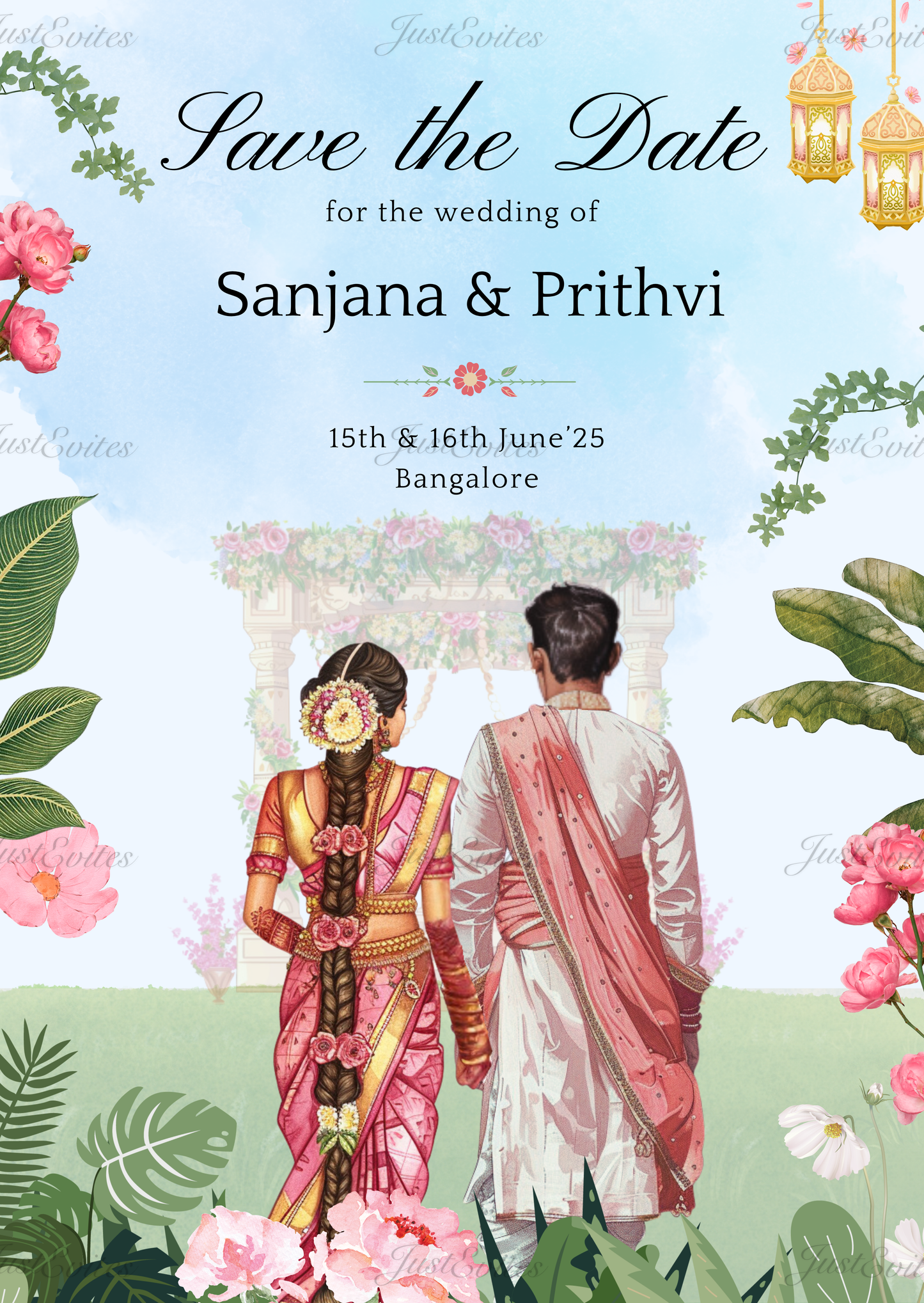 South Indian couple walking towards a mandap under floral arches with a watercolor blue sky background
