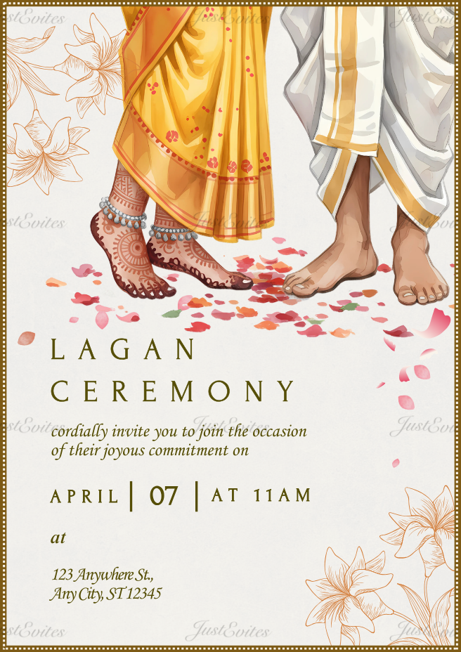Minimalist Lagan ceremony digital invite featuring delicate floral line art and an illustration of a couple's feet in traditional Indian attire.