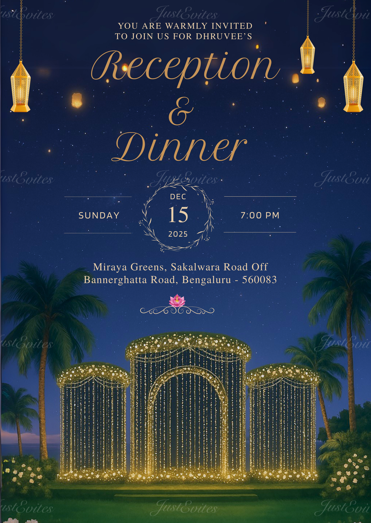 A royal reception digital invite featuring a deep dark blue night sky with a grand stage and warm fairy lights.