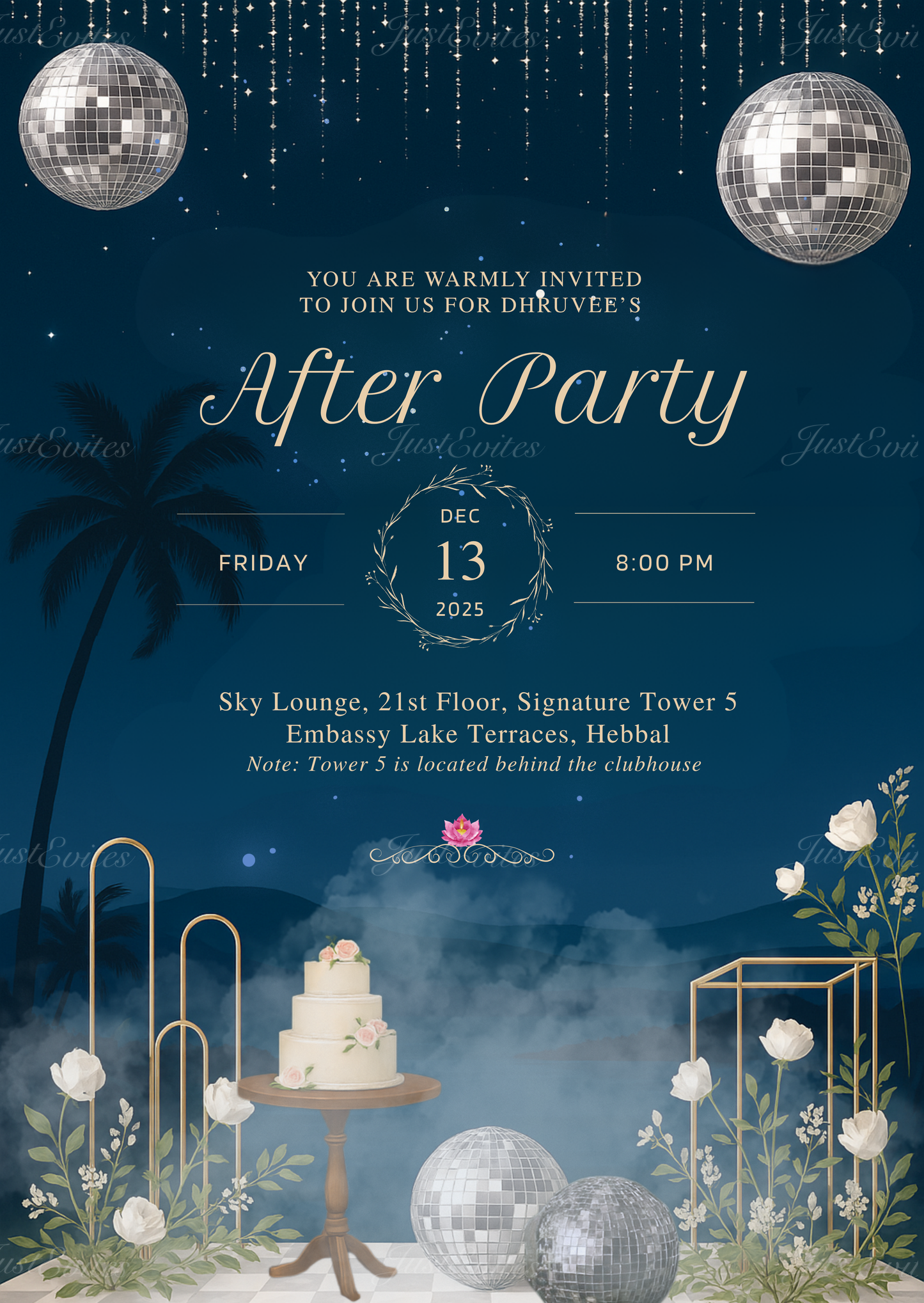 A premium digital cocktail invitation featuring a glowing disco ball above a stage with mist against a dark navy blue night sky background.
