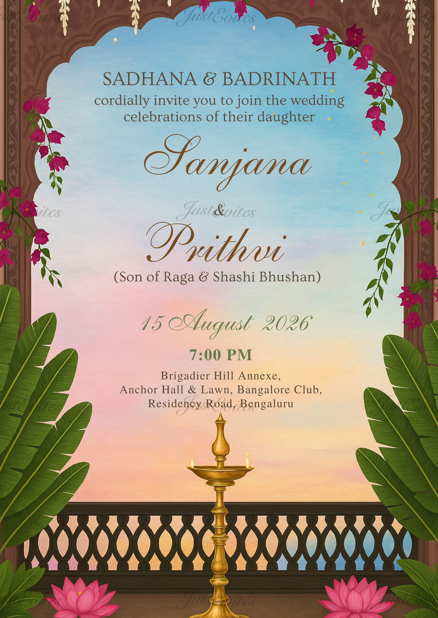 A traditional South Indian wedding digital invite featuring glowing brass diyas and lush green banana leaves on a textured background.