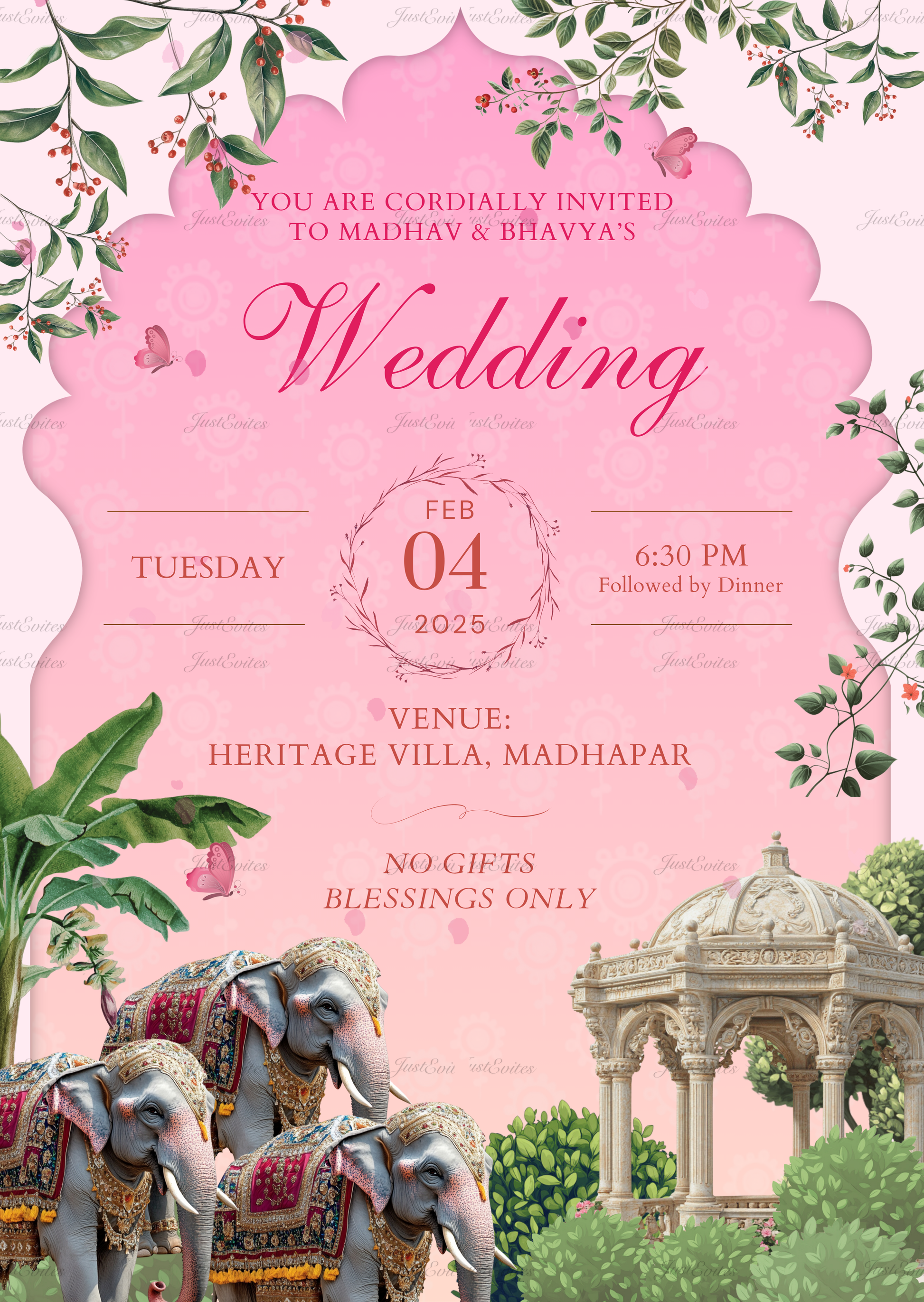 A premium pink wedding invitation featuring a 3D-style Pichwai elephant and an elegant gazebo.