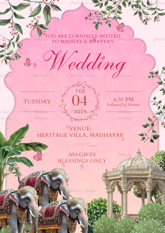 A premium pink wedding invitation featuring a 3D-style Pichwai elephant and an elegant gazebo.