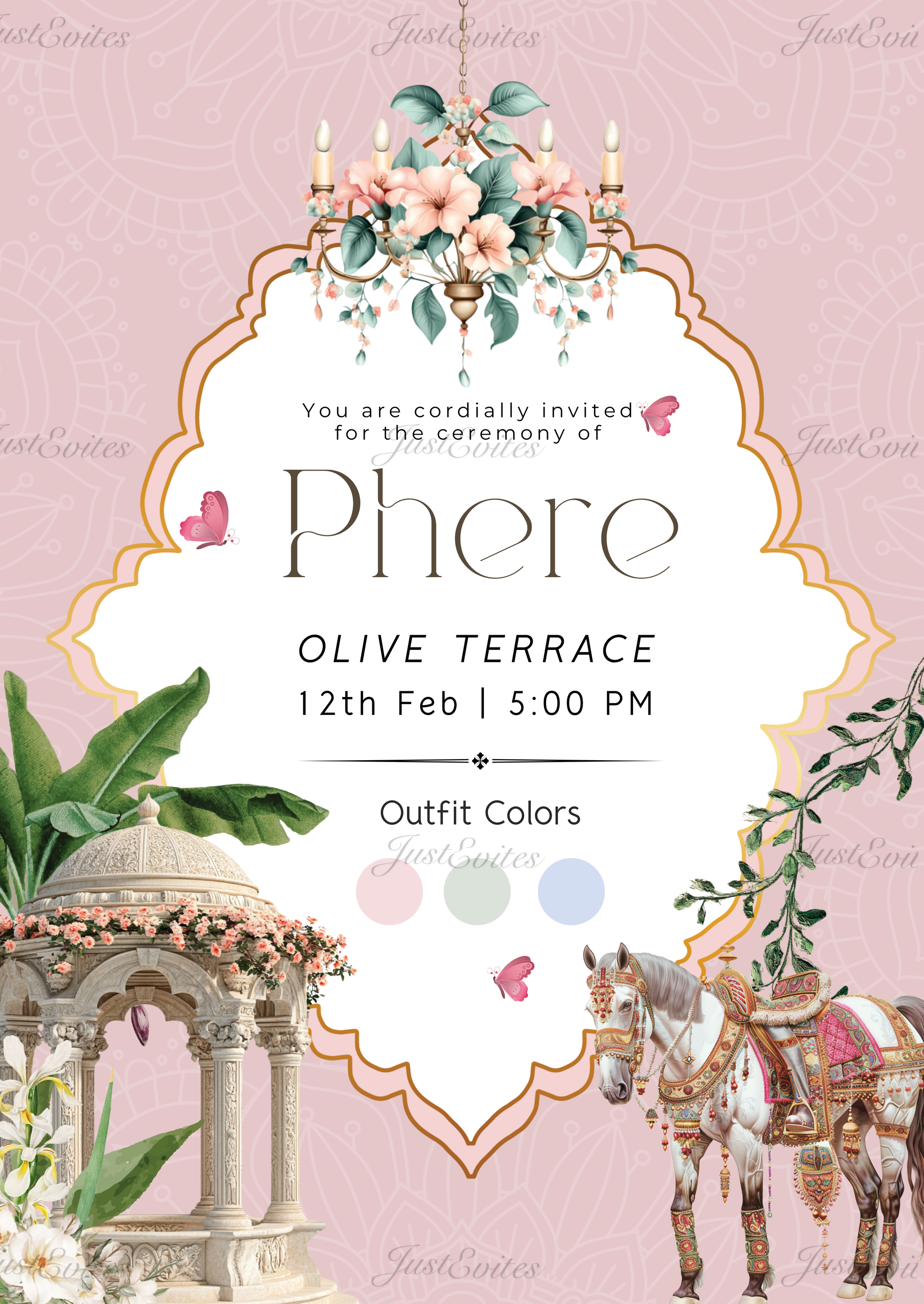 Elegant wedding invitation featuring a royal horse and mandap illustration in soft pastel colors