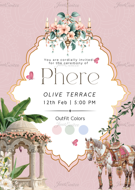 Elegant wedding invitation featuring a royal horse and mandap illustration in soft pastel colors