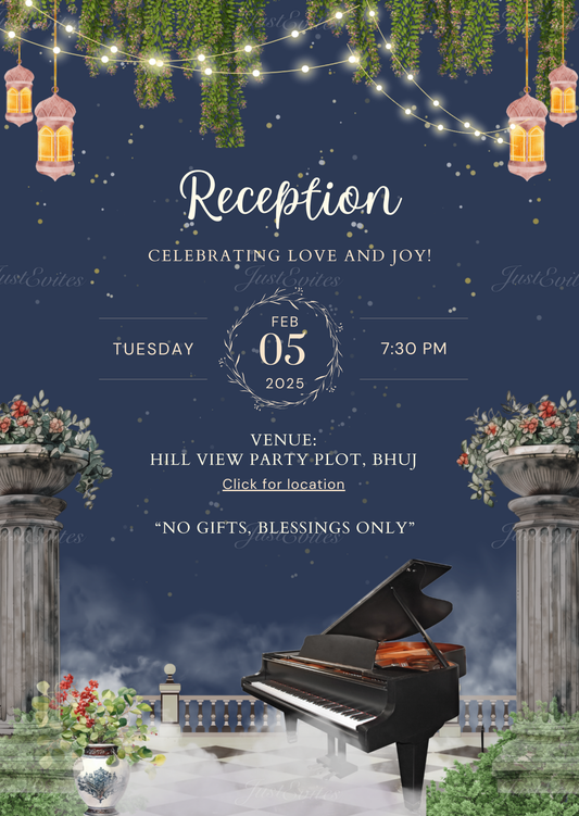 A royal terrace reception invite featuring a grand piano, glowing lanterns, fairy lights, and misty fog.