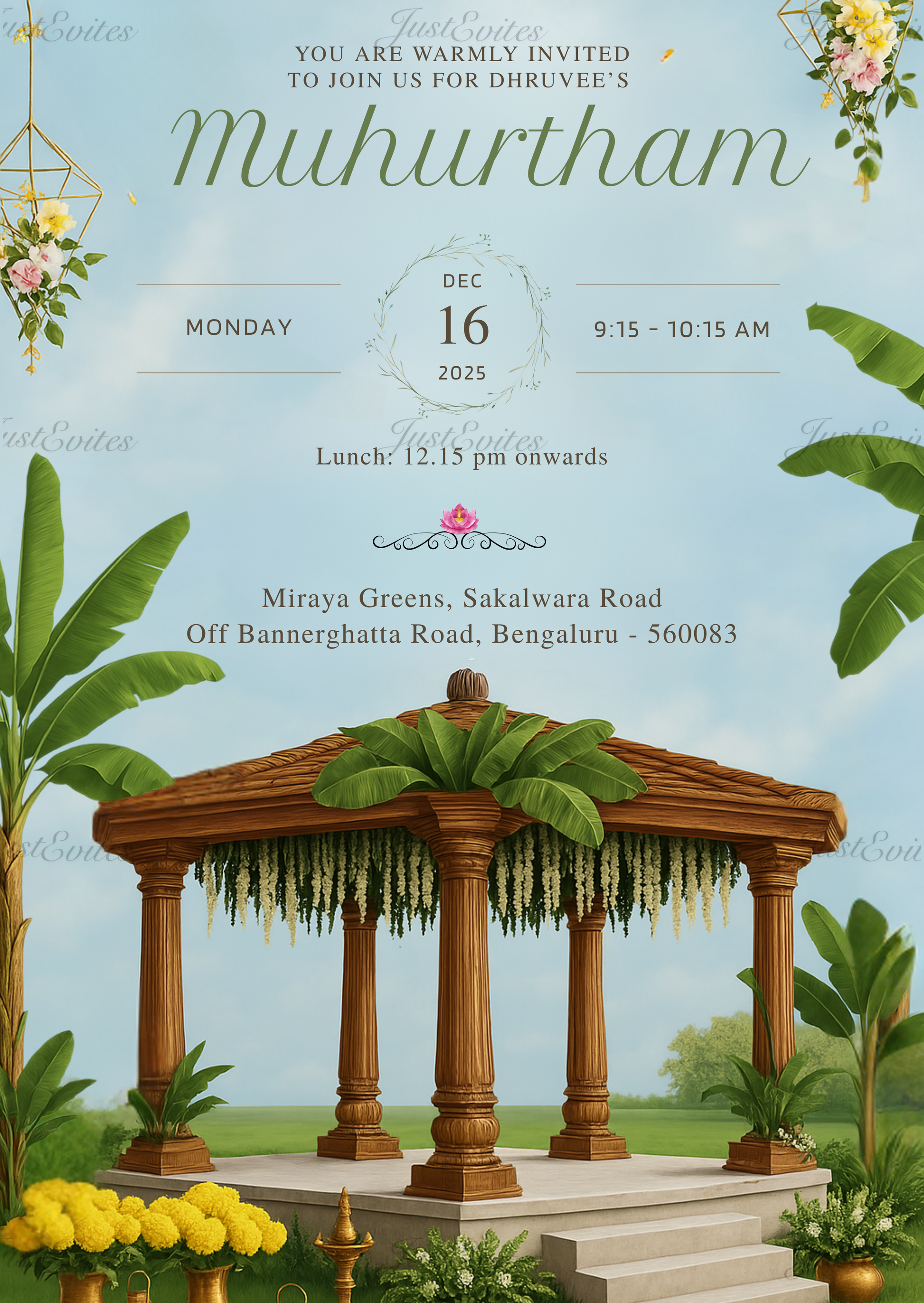 Traditional Muhuratham digital invite featuring a decorated mandap with banana leaves and a vibrant sky background