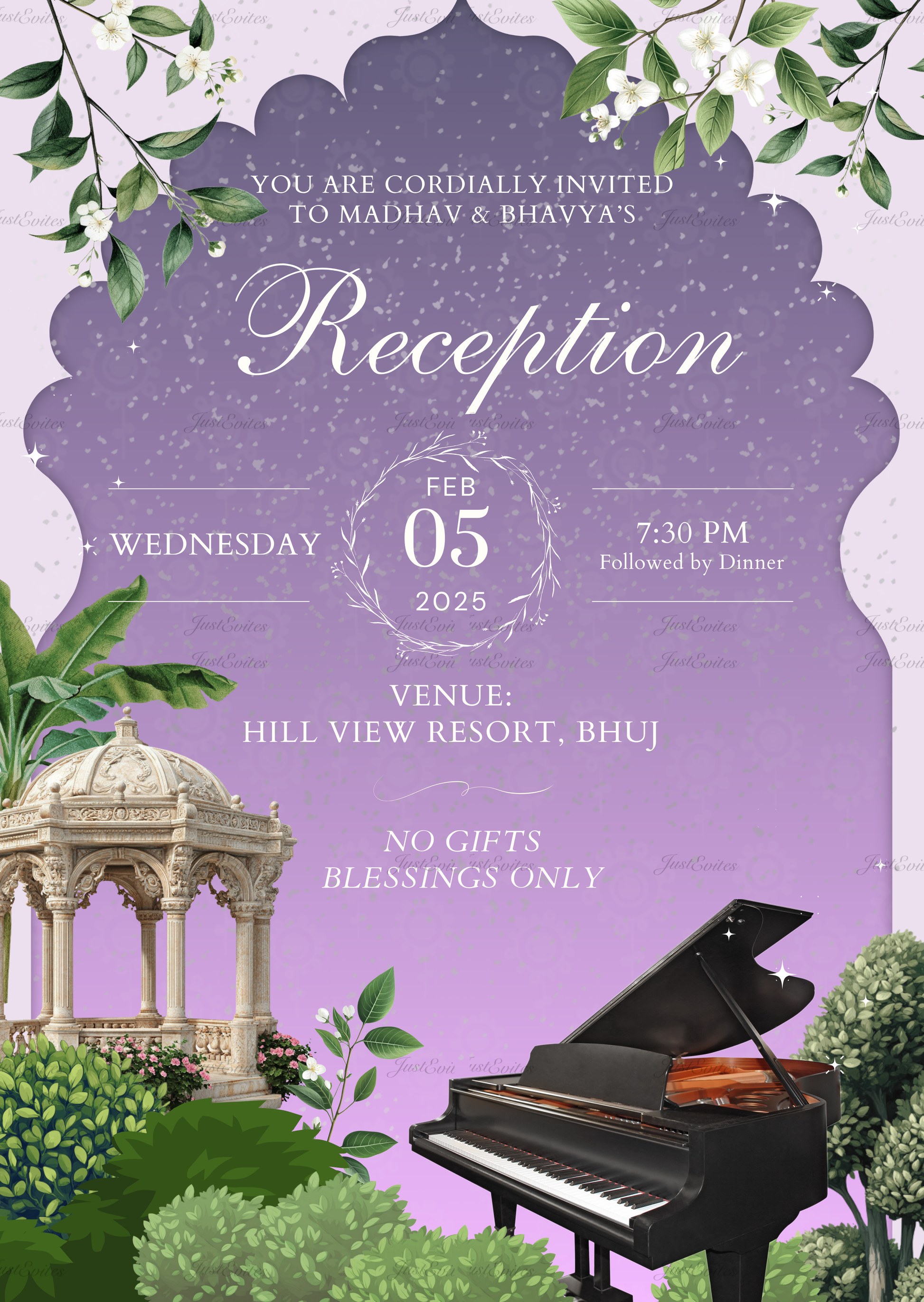 An elegant purple digital reception invite featuring a grand piano, lush greenery, and intricate traditional Pichwai art motifs.