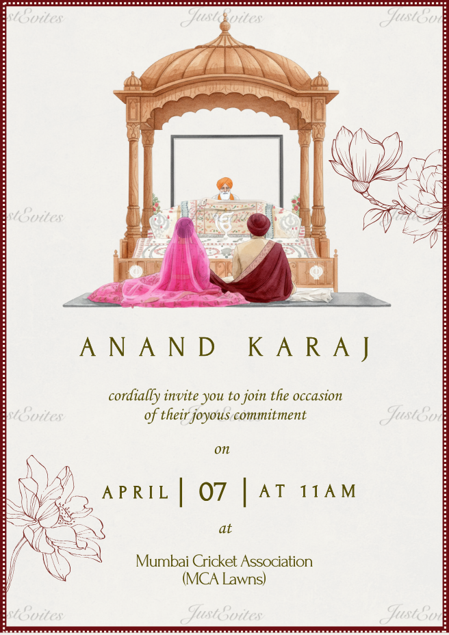 A minimalist digital wedding invitation featuring a delicate line-art illustration of an Anand Karaj ceremony in a modern, elegant layout.