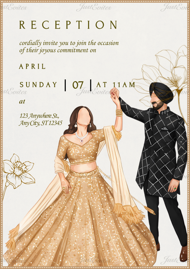 A minimalist reception invitation featuring fine-line floral motifs and a delicate sketch of a couple twirling.