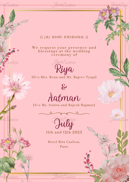 Minimalist wedding invitation design featuring soft pastel background with delicate floral watercolor motifs and elegant typography.