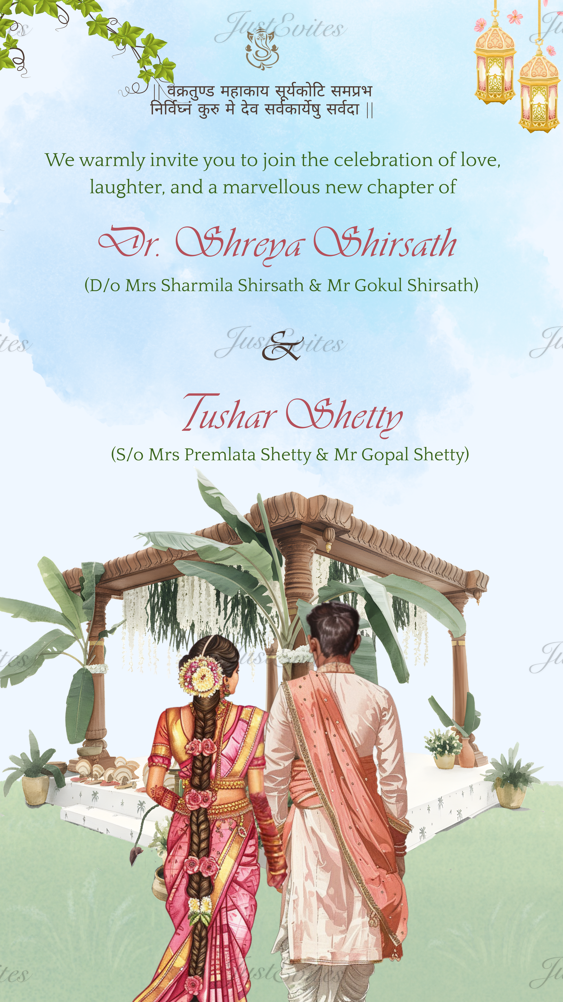 A beautiful pastel South Indian wedding invite featuring a couple walking towards a mandap