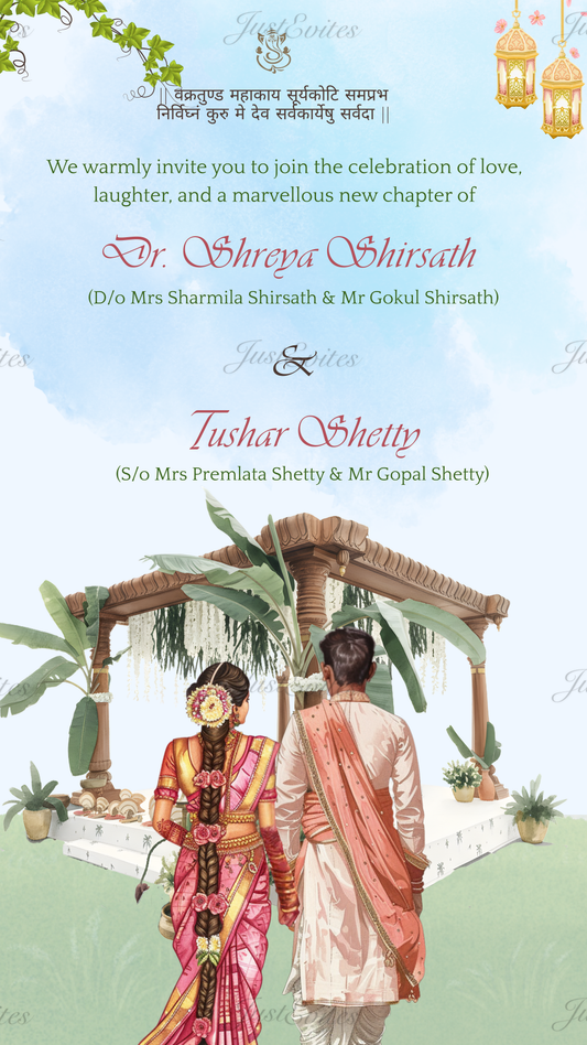 A beautiful pastel South Indian wedding invite featuring a couple walking towards a mandap