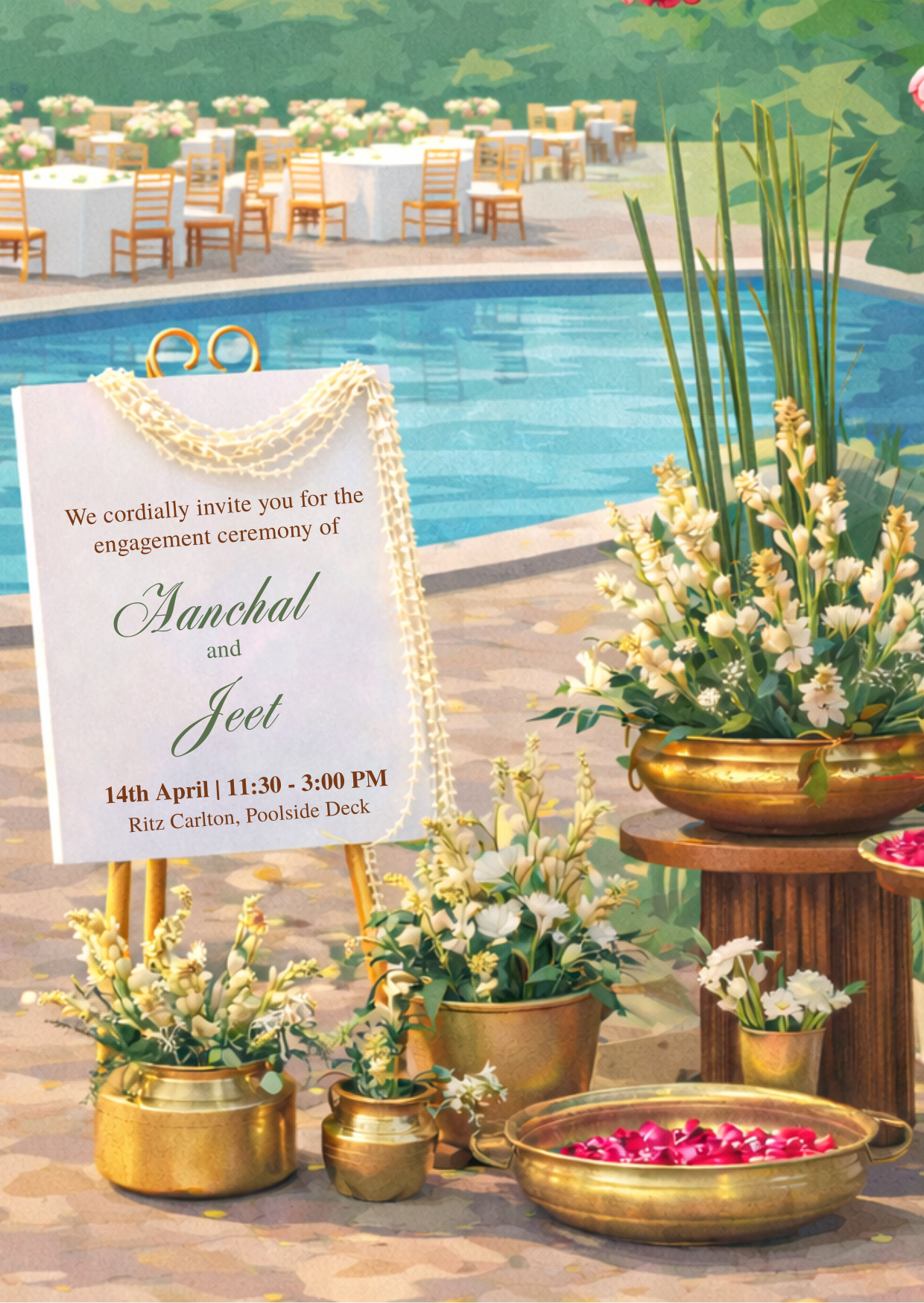 A luxurious glass entrance decorated with lush floral arrangements for a modern Indian Sangeet digital invitation.