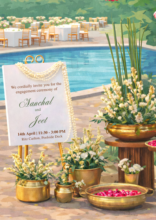A luxurious glass entrance decorated with lush floral arrangements for a modern Indian Sangeet digital invitation.