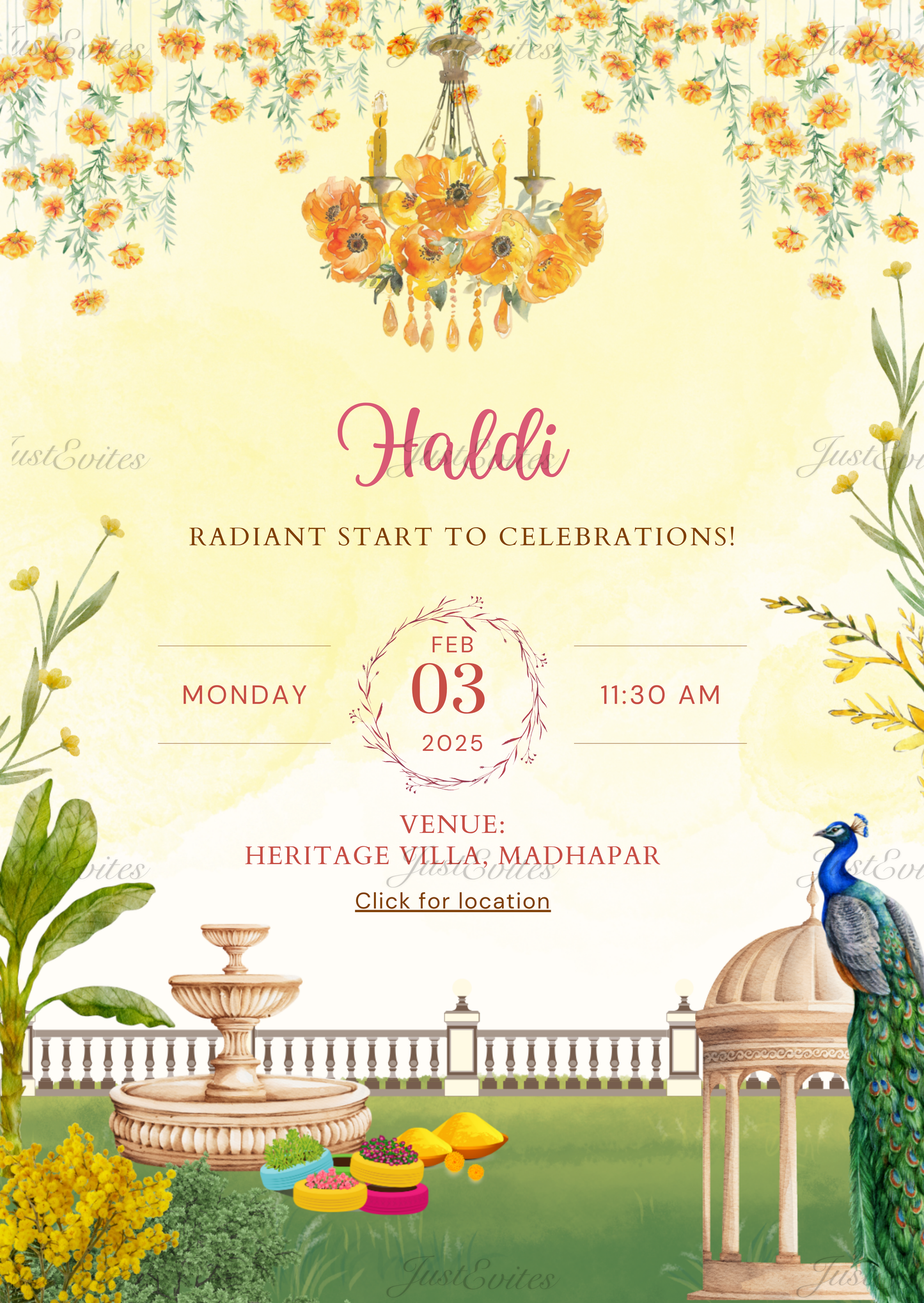 Yellow watercolor Haldi invite featuring a garden scene, floral chandelier, and a majestic peacock.