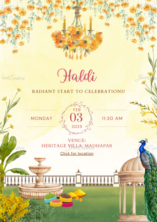 Yellow watercolor Haldi invite featuring a garden scene, floral chandelier, and a majestic peacock.