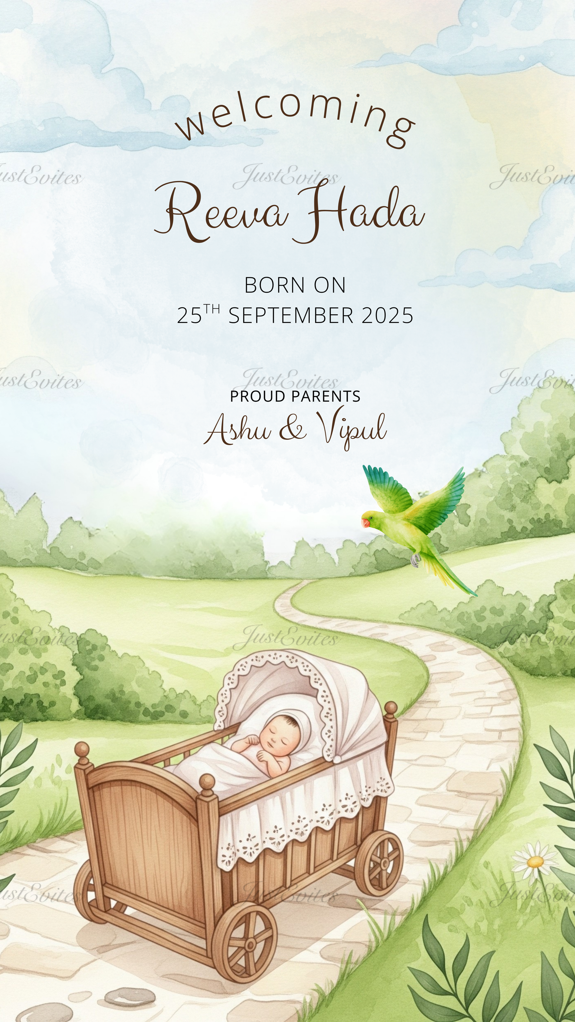 Disney-style watercolor illustration of a baby cradle on a street for a baby shower digital invite