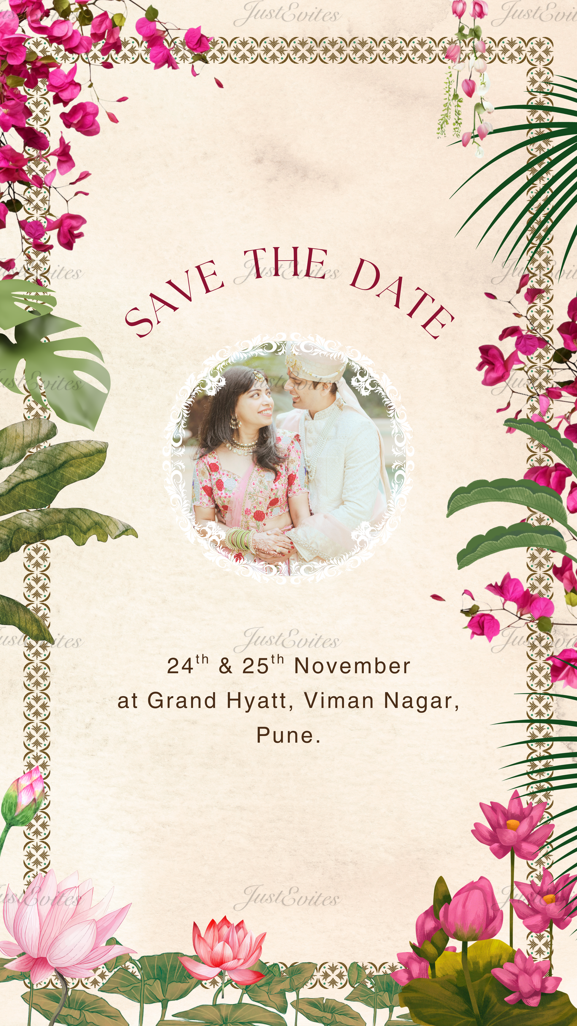 Elegant beige digital save the date card featuring pastel bougainvillea flowers and a couple photo