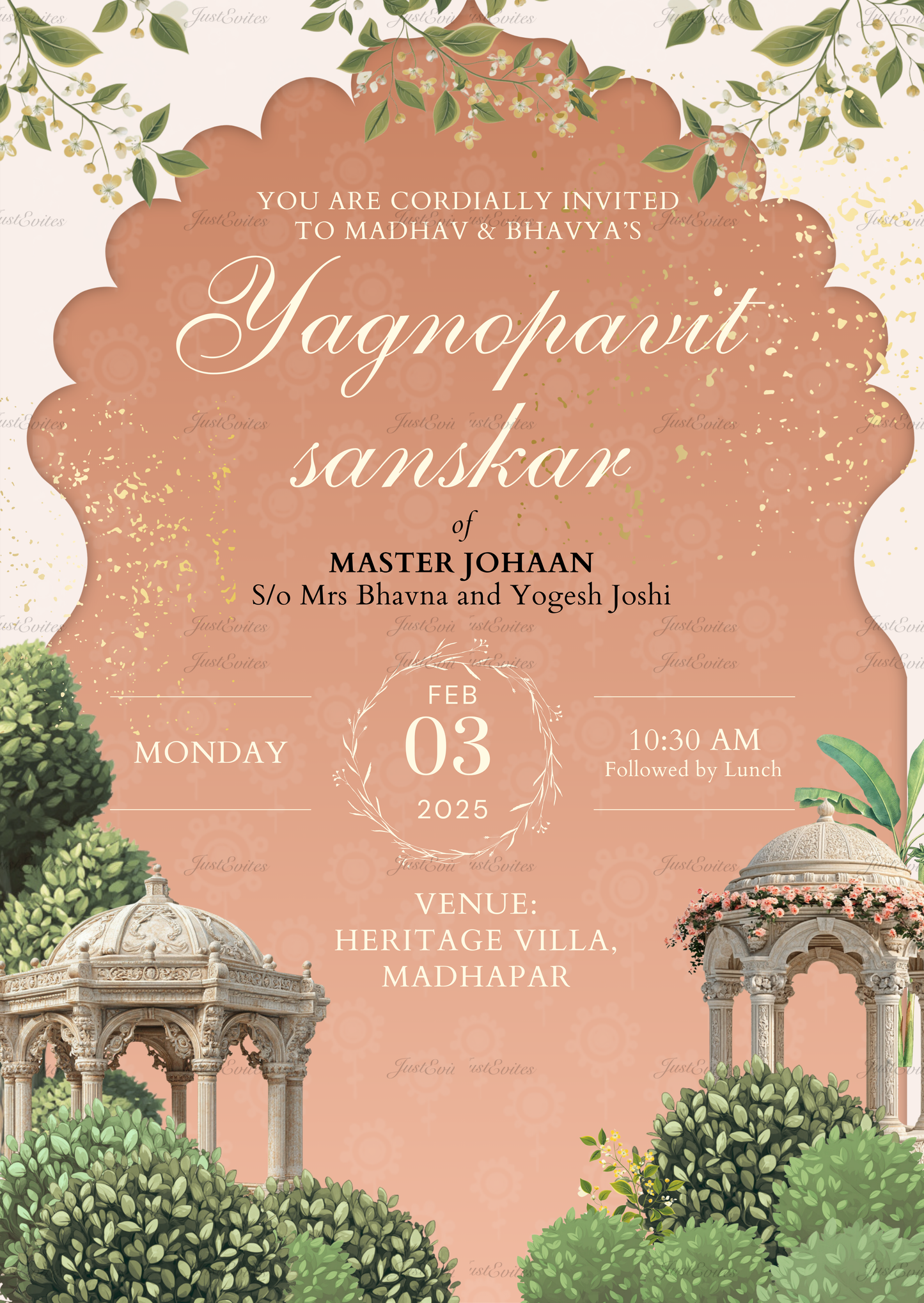 Digital Yagnopavit Sanskar invite with terracotta background and minimal Pichwai greenery motifs