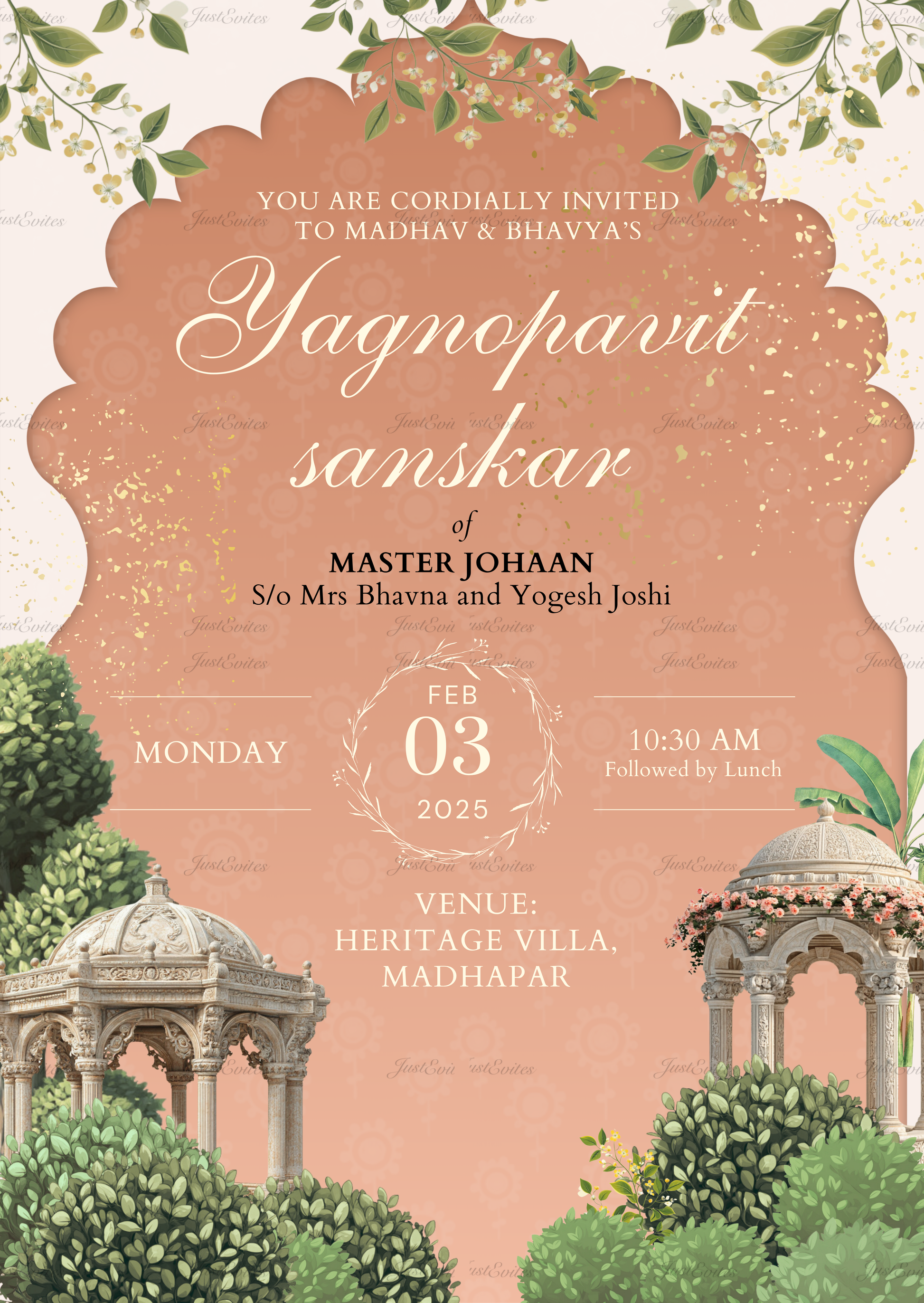Digital Yagnopavit Sanskar invite with terracotta background and minimal Pichwai greenery motifs