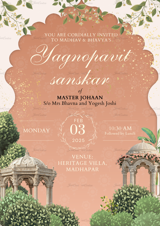 Digital Yagnopavit Sanskar invite with terracotta background and minimal Pichwai greenery motifs