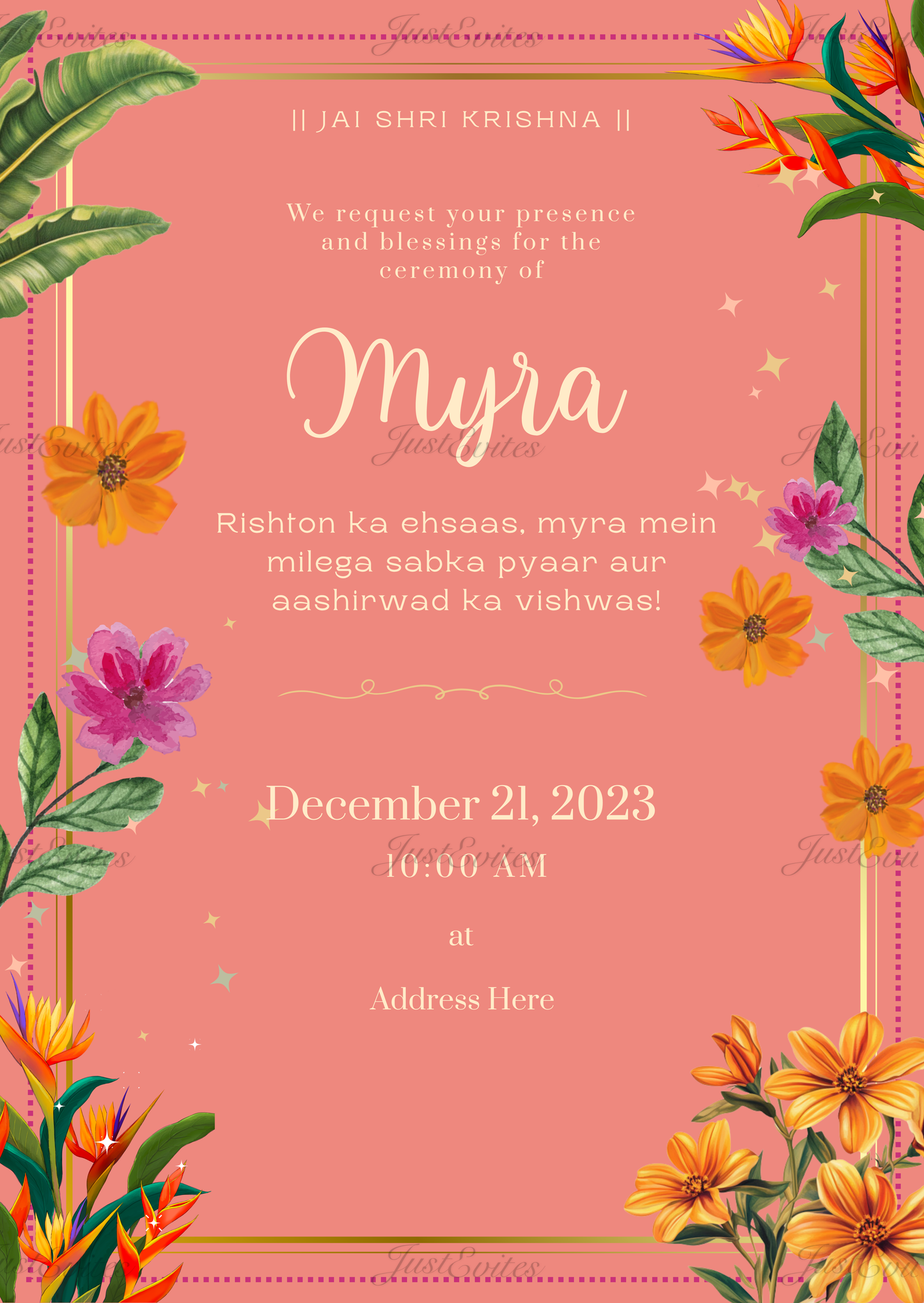Elegant minimalist digital invitation featuring delicate floral motifs on a vibrant coral background