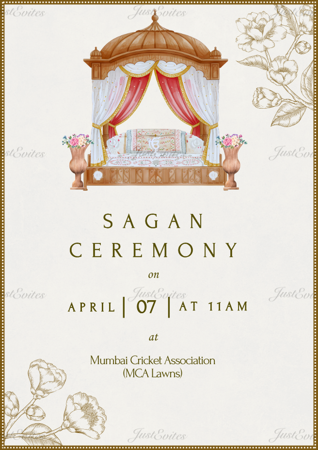 Minimalist Sagan ceremony digital invitation featuring elegant gold line art on a clean white background
