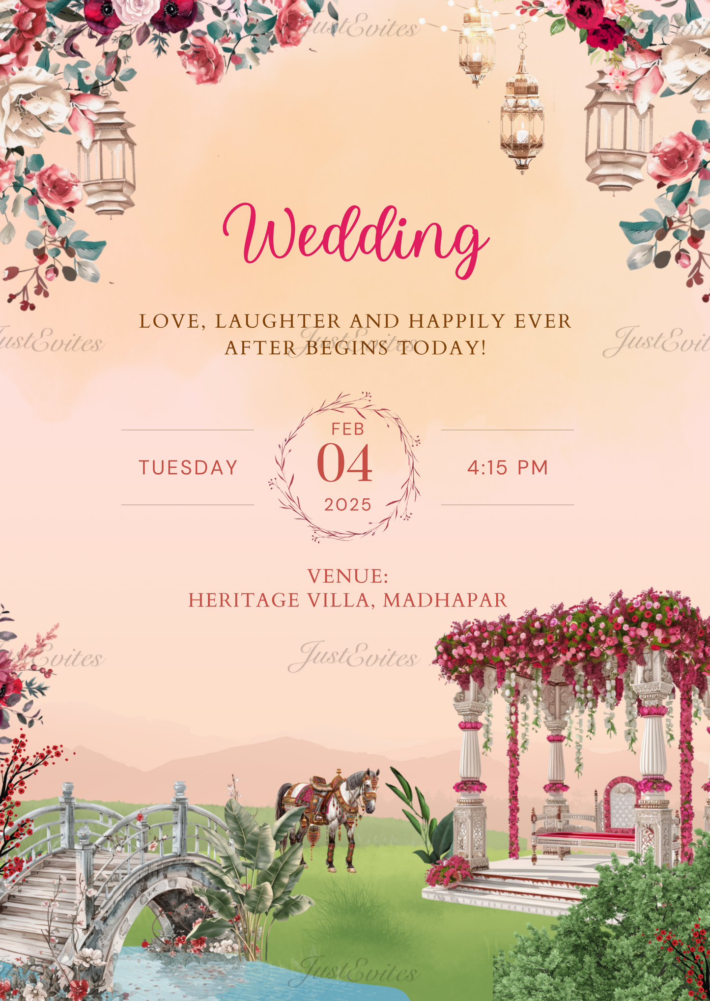 A scenic wedding digital invite showing a mandap by a river at sunset with floral accents