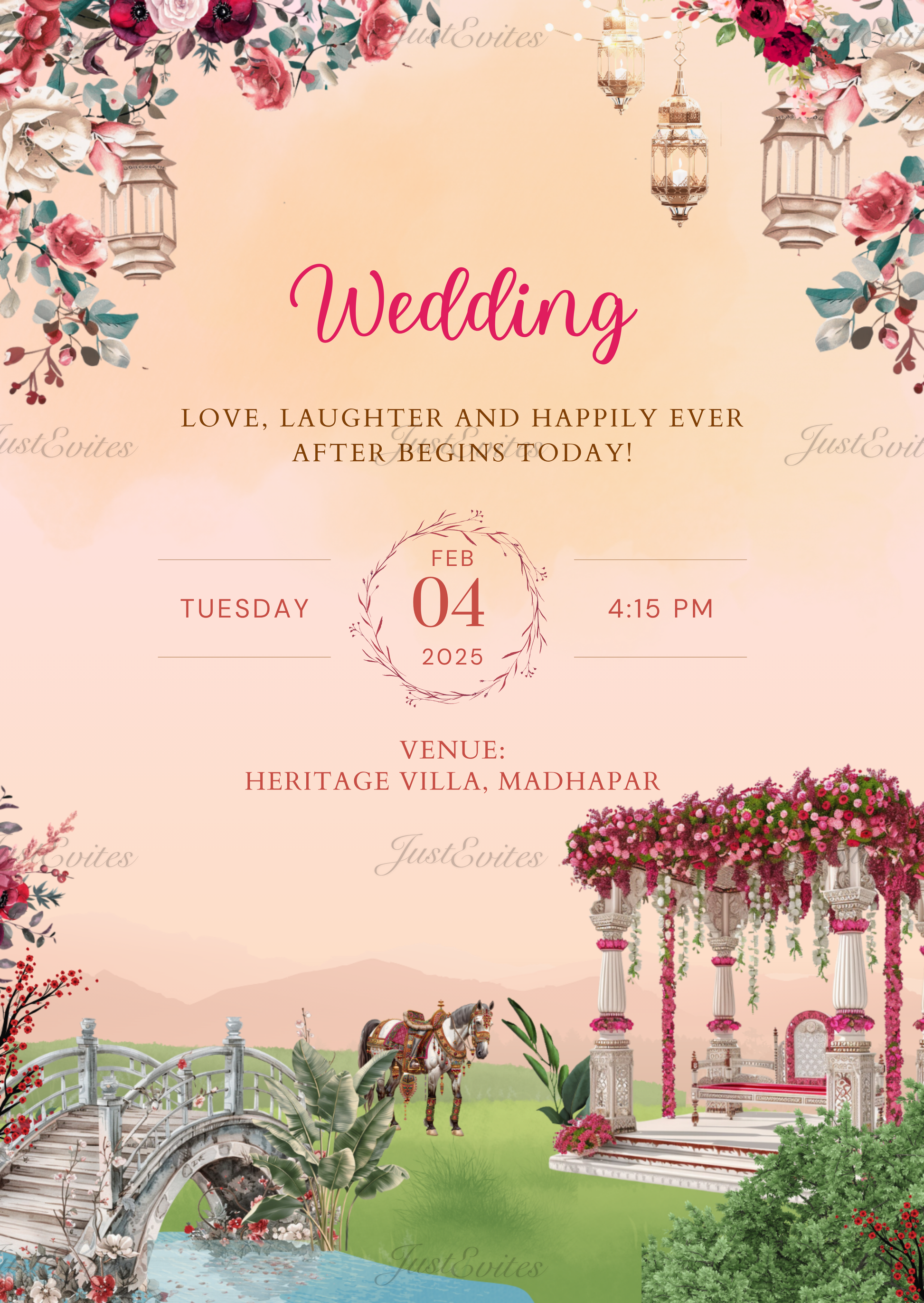 A scenic wedding digital invite showing a mandap by a river at sunset with floral accents