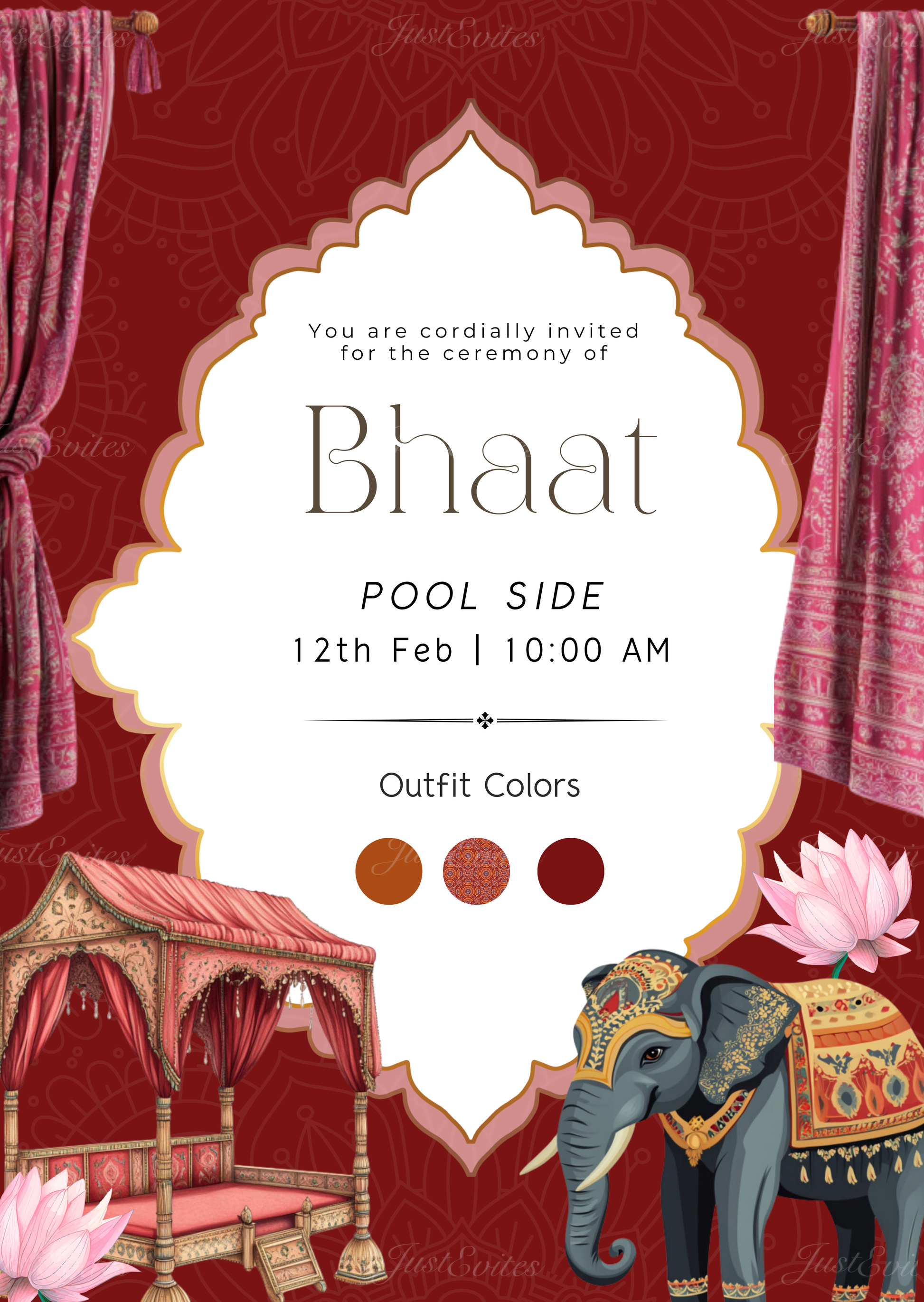 A premium red background digital invitation featuring a majestic elephant, traditional palki, and ornate curtains for Mayra ceremonies.