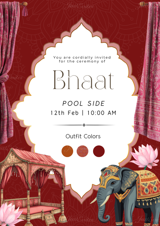 A premium red background digital invitation featuring a majestic elephant, traditional palki, and ornate curtains for Mayra ceremonies.