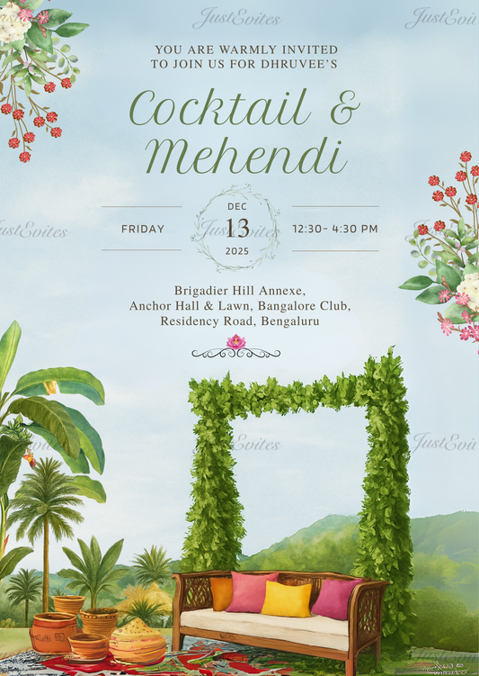 A vibrant digital Mehendi invitation featuring a traditional wooden swing, lush banana leaves, and a bright sky backdrop.