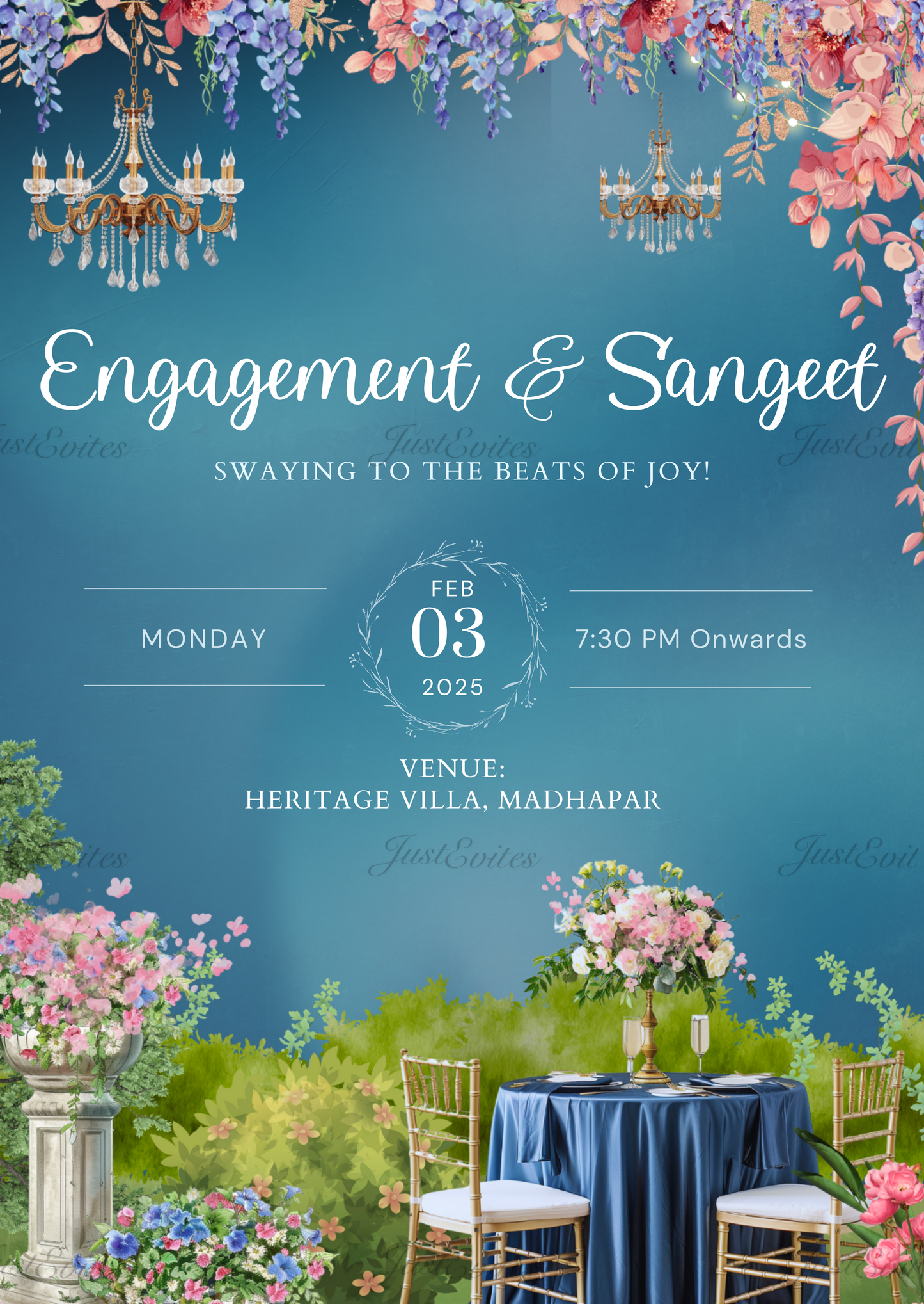 Blue watercolor Sangeet invitation featuring formal seating, satin cloth textures, and elegant floral accents.