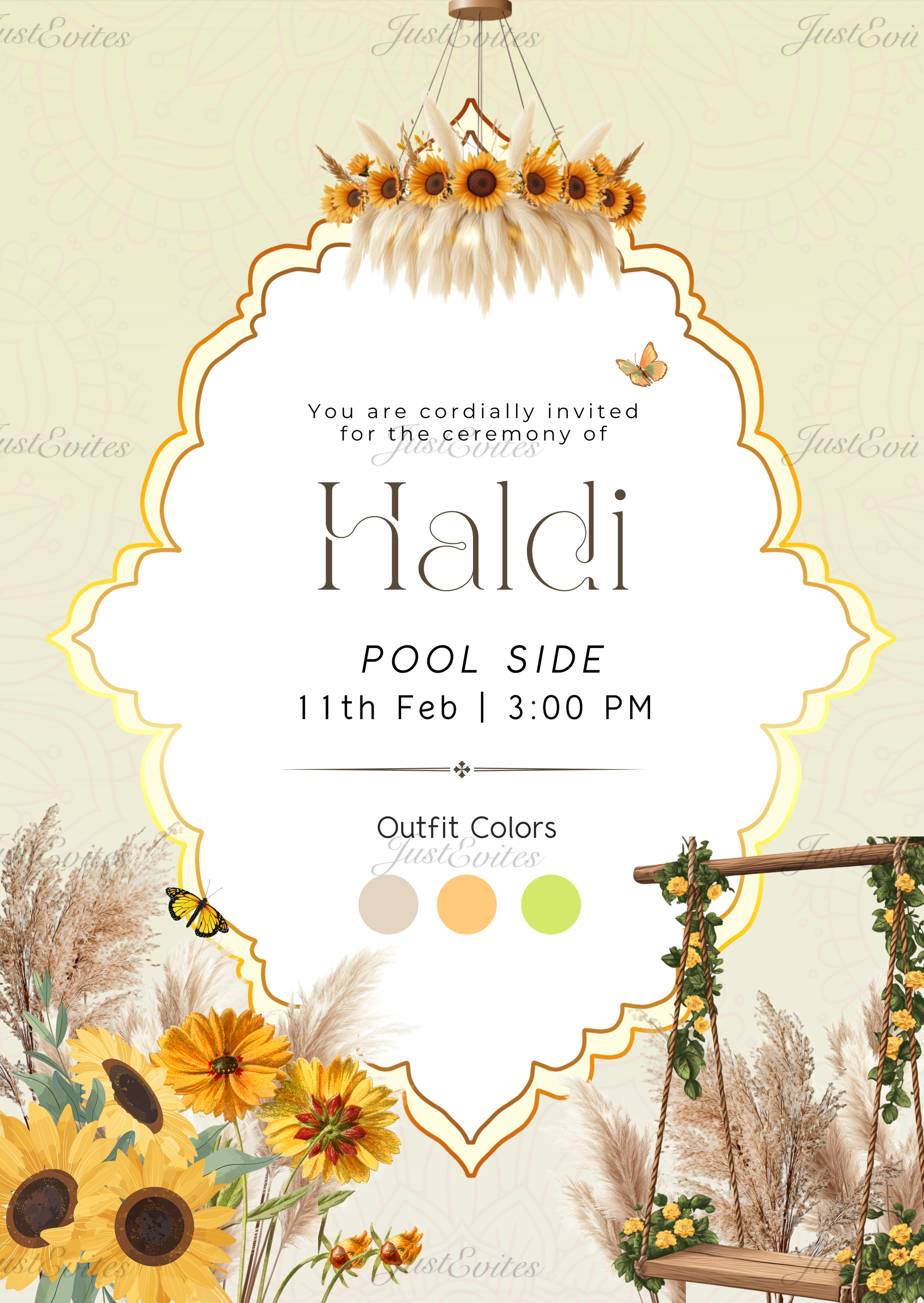 Elegant pastel yellow Haldi digital invite featuring sunflowers and a floral swing motif