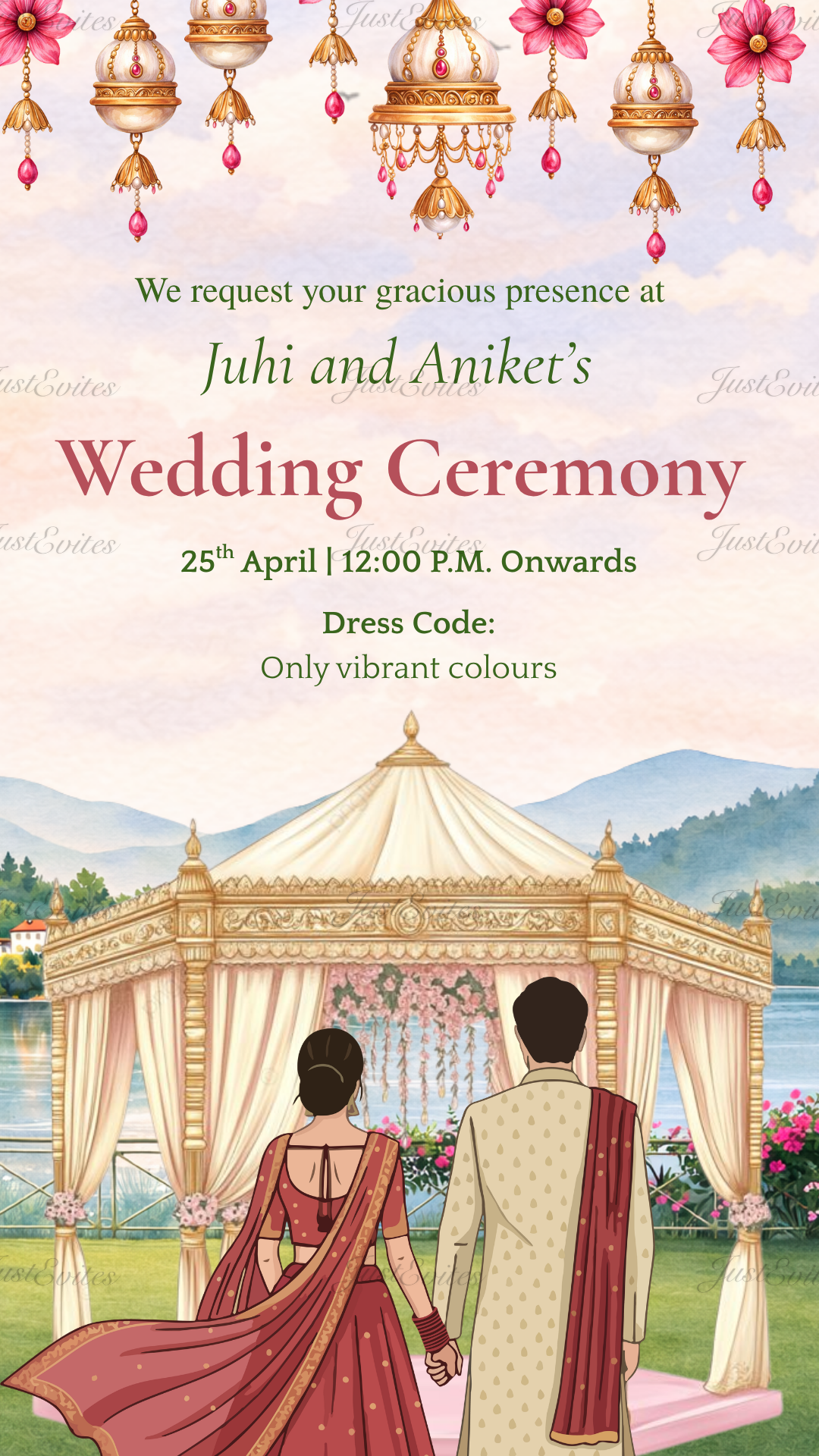 Digital Mehendi invite featuring a Pahadi mountain landscape, lake, floral decor, and a green umbrella.