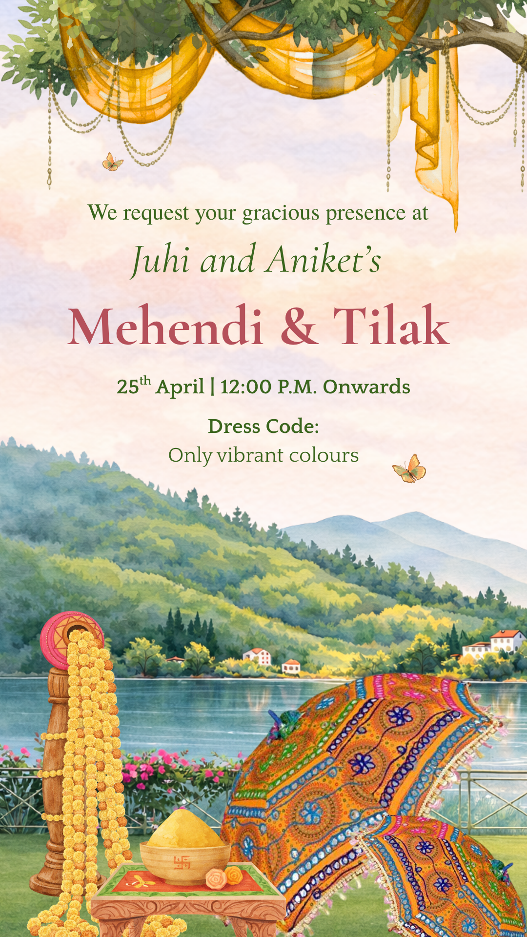Elegant digital wedding invitation featuring a serene lake, mountain peaks, and traditional Pahadi motifs.