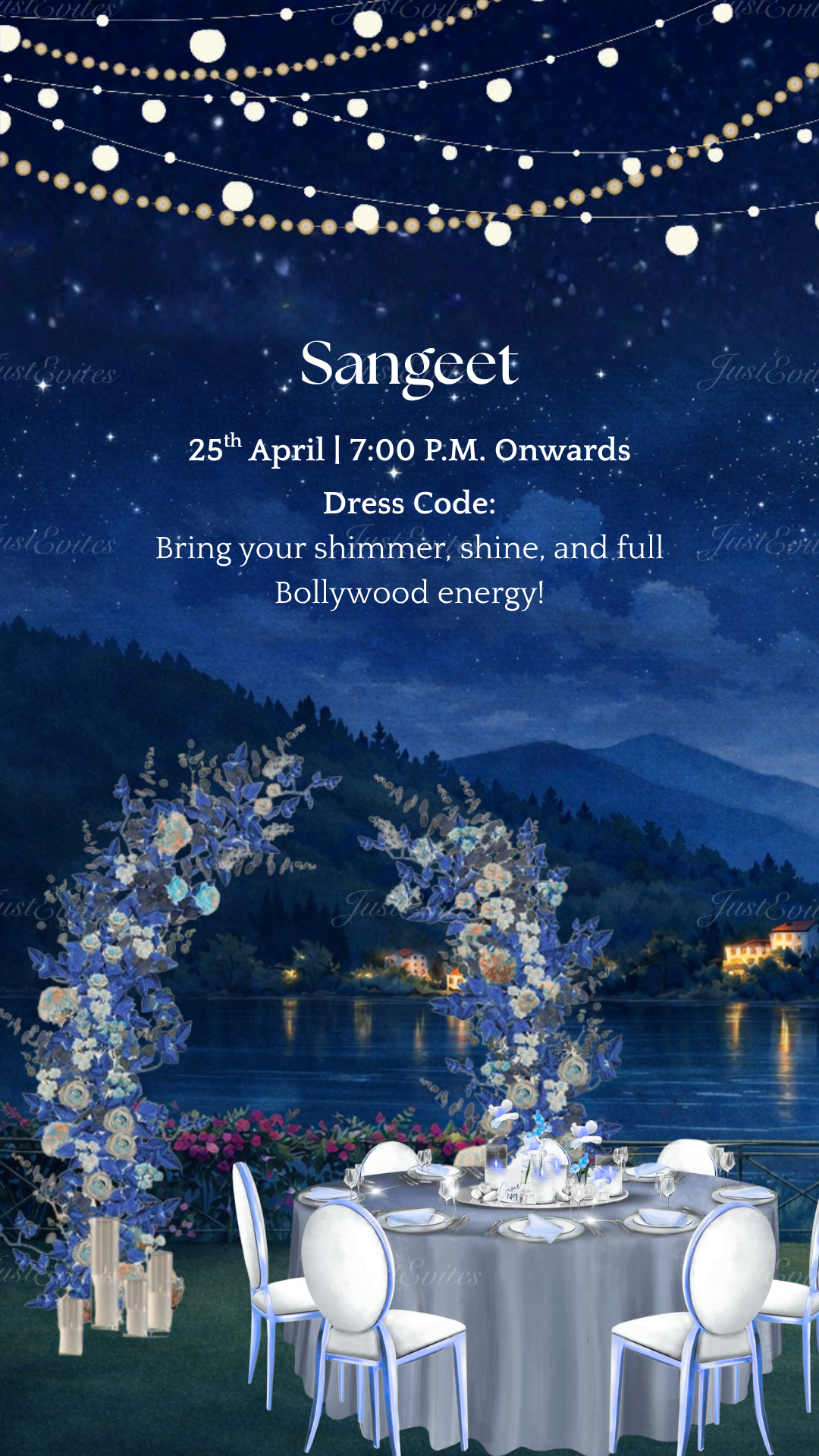 Digital Haldi invitation featuring a scenic Pahadi mountain landscape, a serene lake, and a vibrant traditional Rajasthani umbrella.
