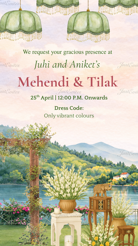 A royal Pahadi Sangeet digital invite featuring elegant seating by a mountain lake at night with warm, glowing lighting.
