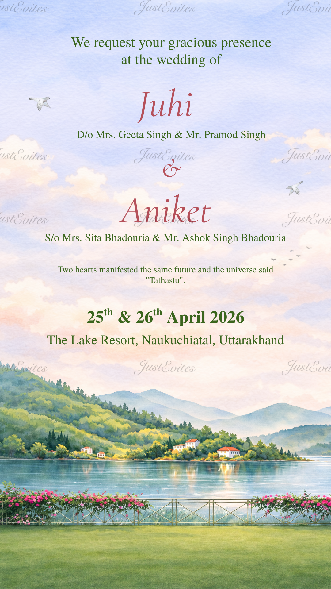 Digital wedding invitation featuring a couple walking to a mandap with mountain and lake background