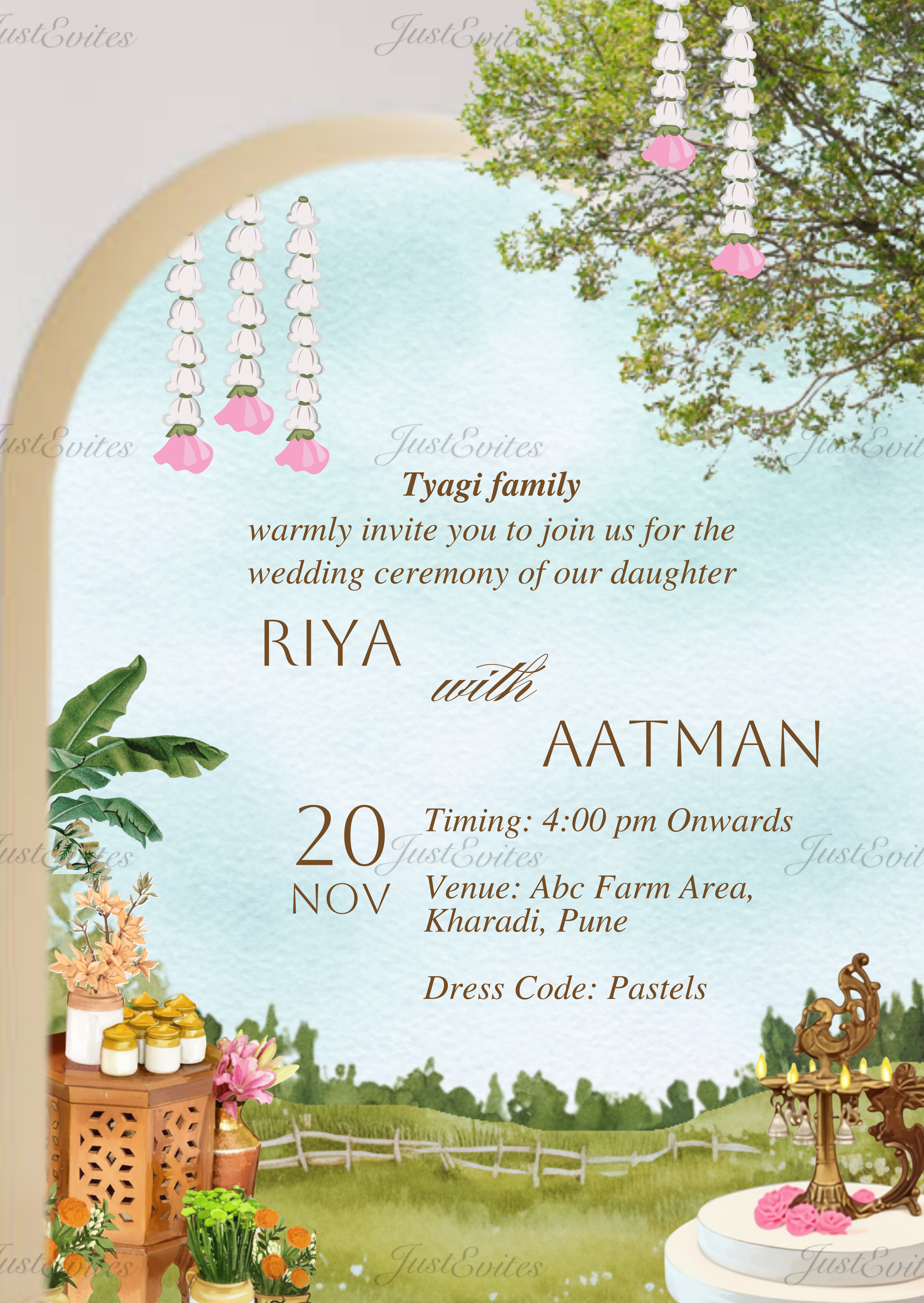 A minimal farmhouse wedding invite with pastel greenery, hanging florals, and scenic farmland illustration.