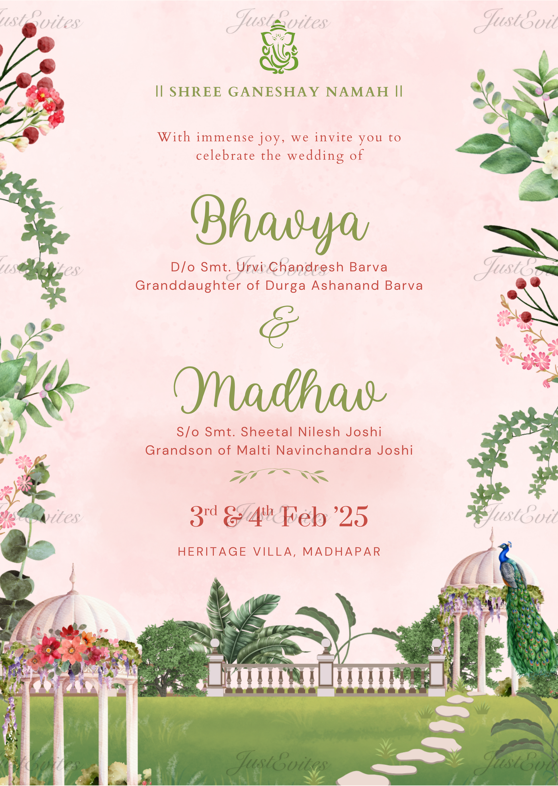 Pastel watercolour wedding invitation featuring a garden gazebo and peacock motif