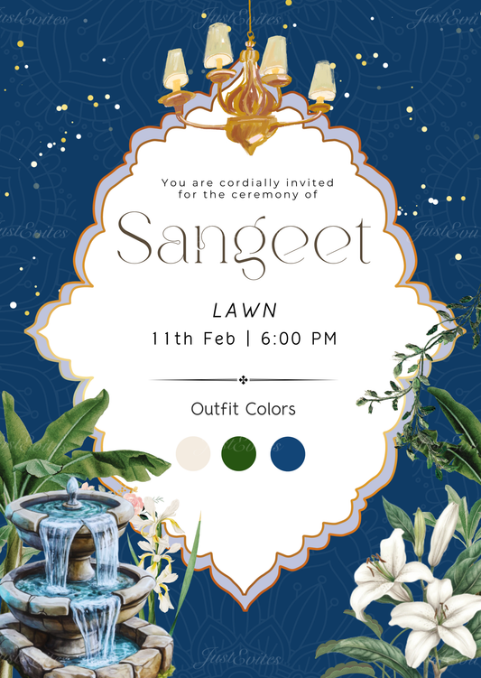 A luxurious midnight blue Sangeet invitation featuring a glowing fountain, water lilies, and a chandelier.