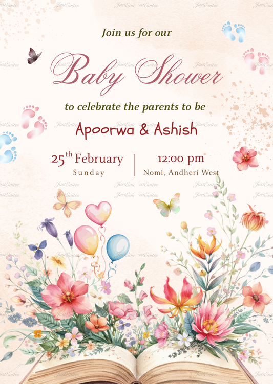 An elegant baby shower invite featuring a beige background, soft florals, and an open book graphic