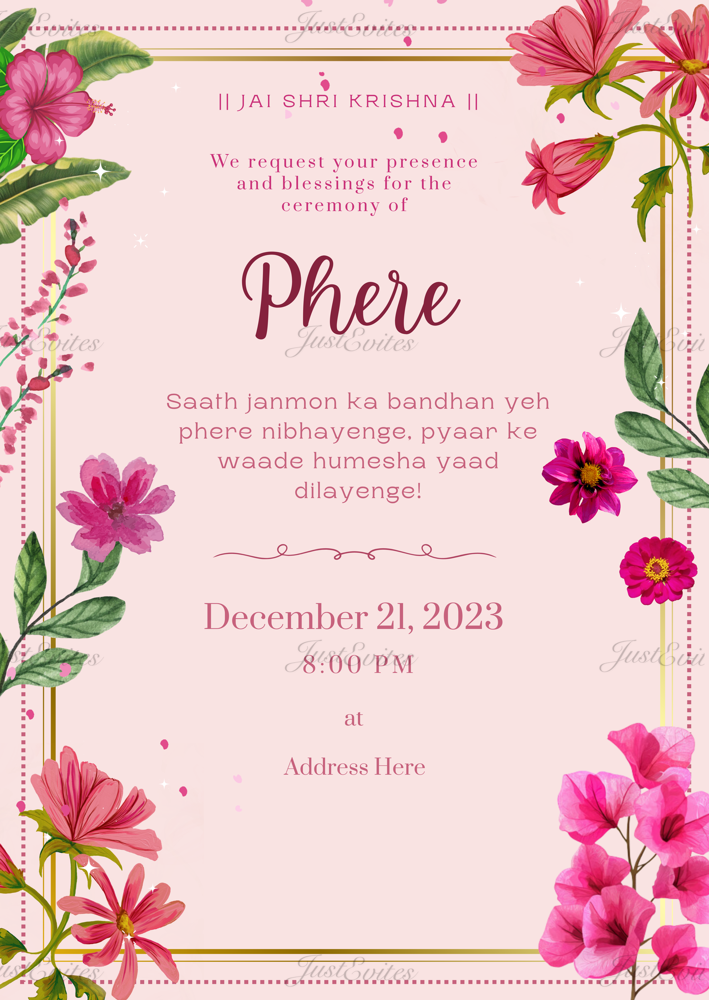 Modern wedding digital invite featuring vibrant exotic floral blossoms on a soft pastel background