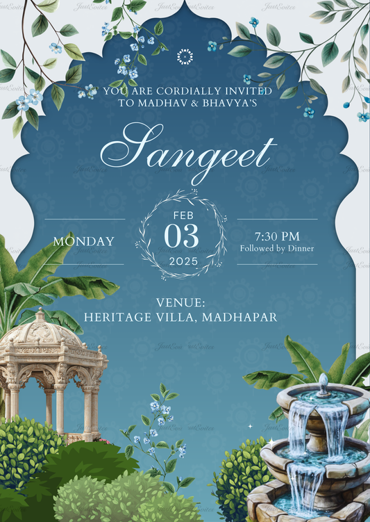 Garden of Dreams Sangeet invite with blue background, Pichwai motifs, and 2D waterfall illustration.